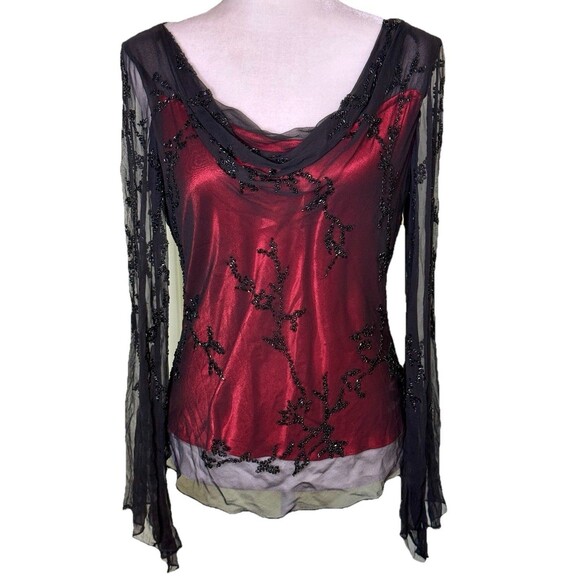 Vintage Cache Whimsigoth Gothic Y2K Red Black Floral Bell Long Sleeve Blouse Lg - Picture 1 of 8